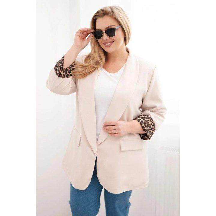 Moteriškas Plus Size švarkas su leopardiniu pamušalu, smėlio spalvos