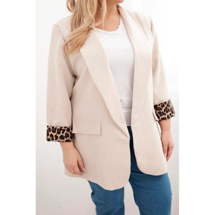 Moteriškas Plus Size švarkas su leopardiniu pamušalu, smėlio spalvos