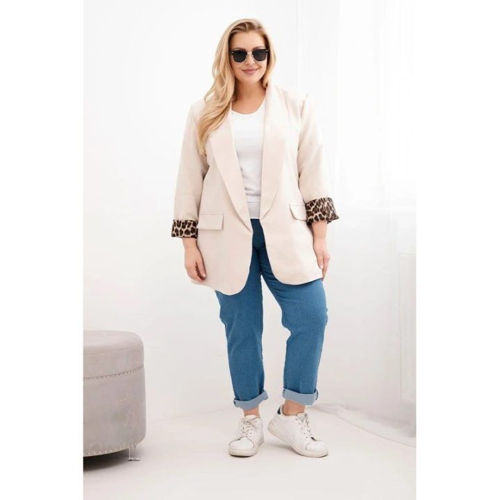 Moteriškas Plus Size švarkas su leopardiniu pamušalu, smėlio spalvos