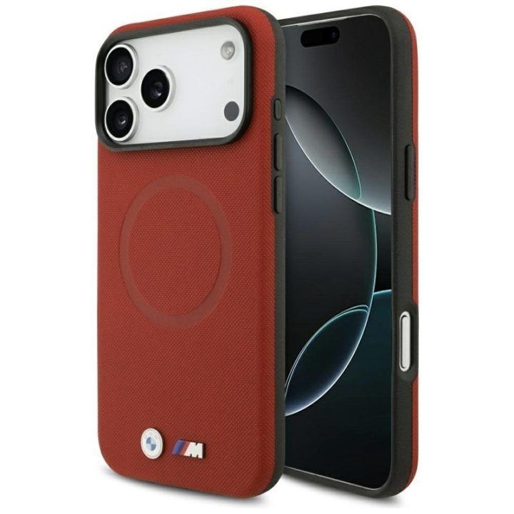 BMW M FW Metal Logo MagSafe dėklas iPhone 17 Pro Max, raudonas