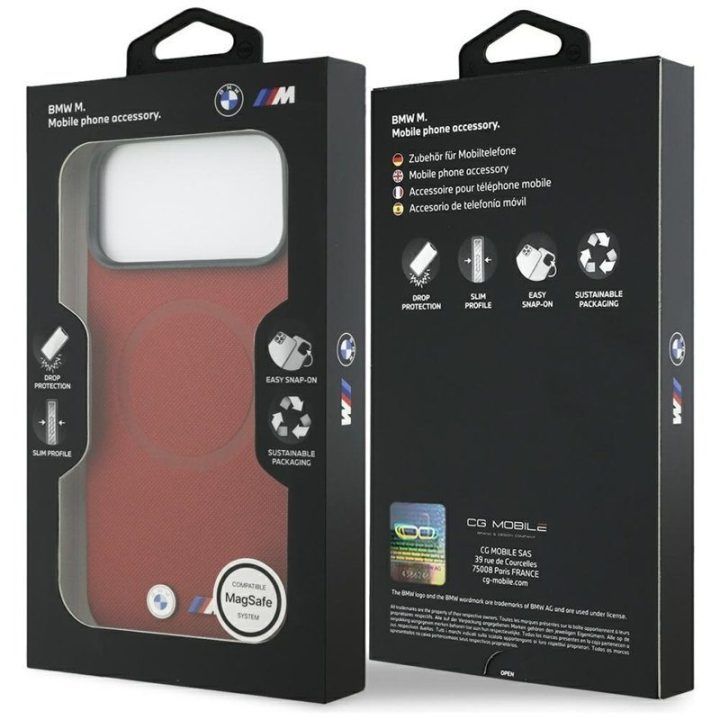 BMW M FW Metal Logo MagSafe dėklas iPhone 17 Pro Max, raudonas