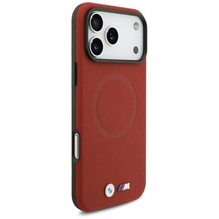 BMW M FW Metal Logo MagSafe dėklas iPhone 17 Pro Max, raudonas