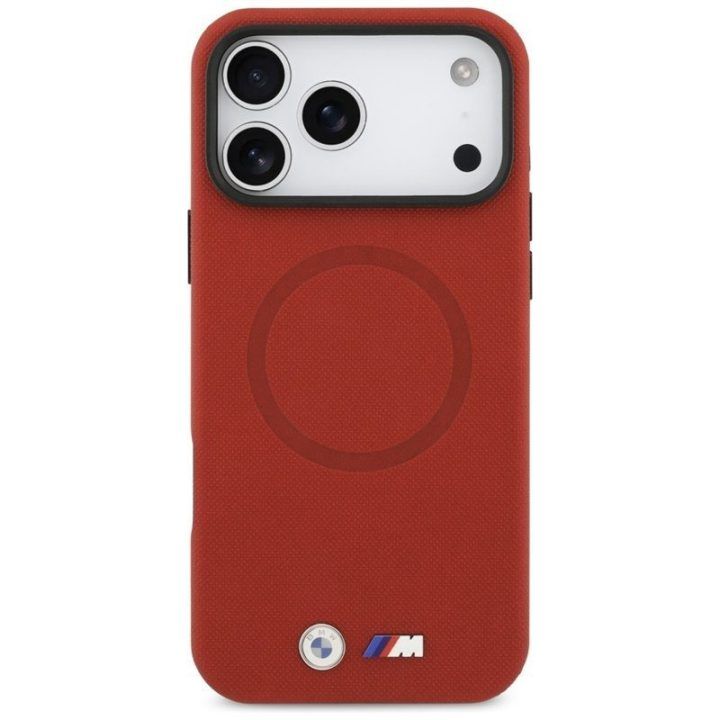 BMW M FW Metal Logo MagSafe dėklas iPhone 17 Pro Max, raudonas