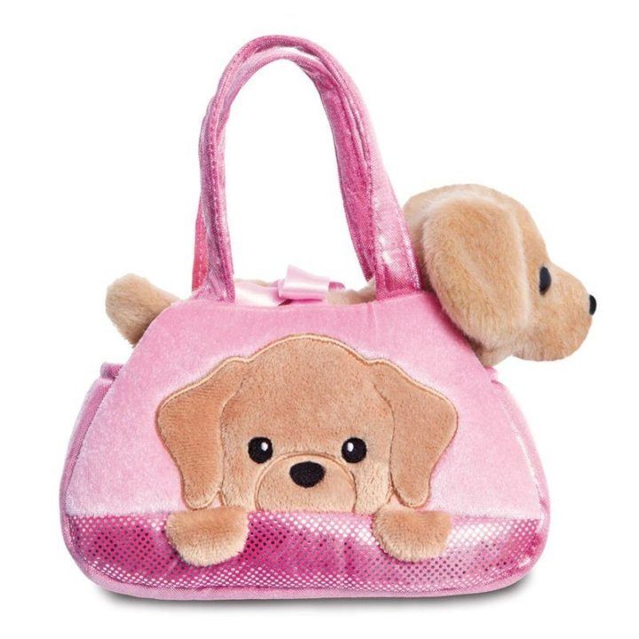 Minkštas žaislas Labradoras rožiniame krepšyje, 20 cm