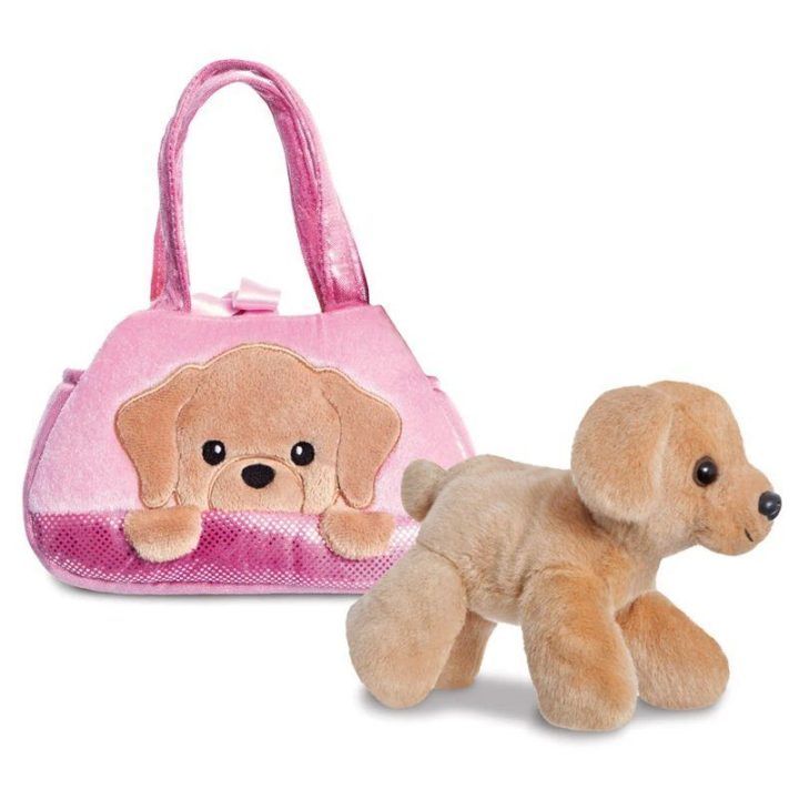 Minkštas žaislas Labradoras rožiniame krepšyje, 20 cm