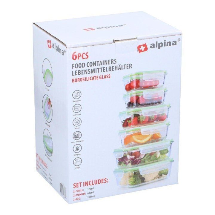 Stikliniai maisto indai su dangteliais Alpina, 6 vnt.