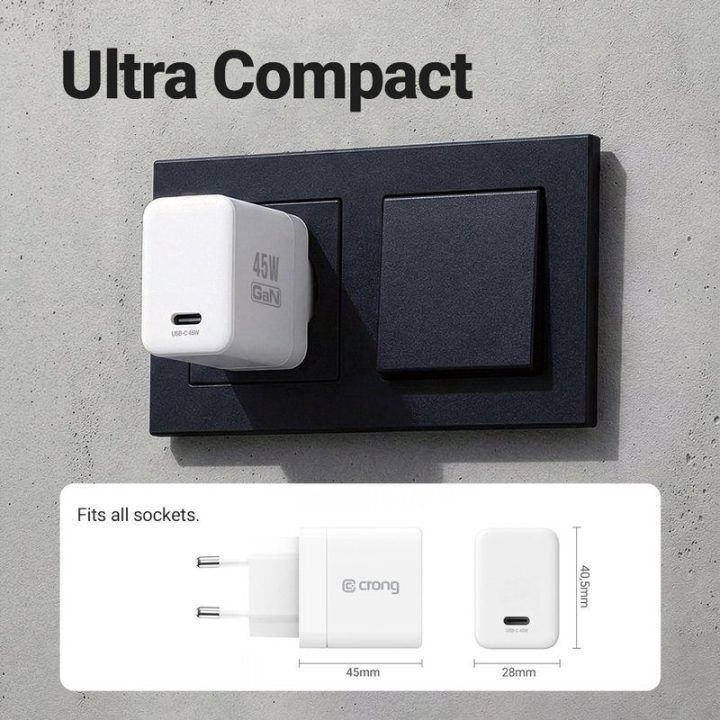 Įkroviklis USB-C 45 W Crong Ultra Compact GaN, baltas