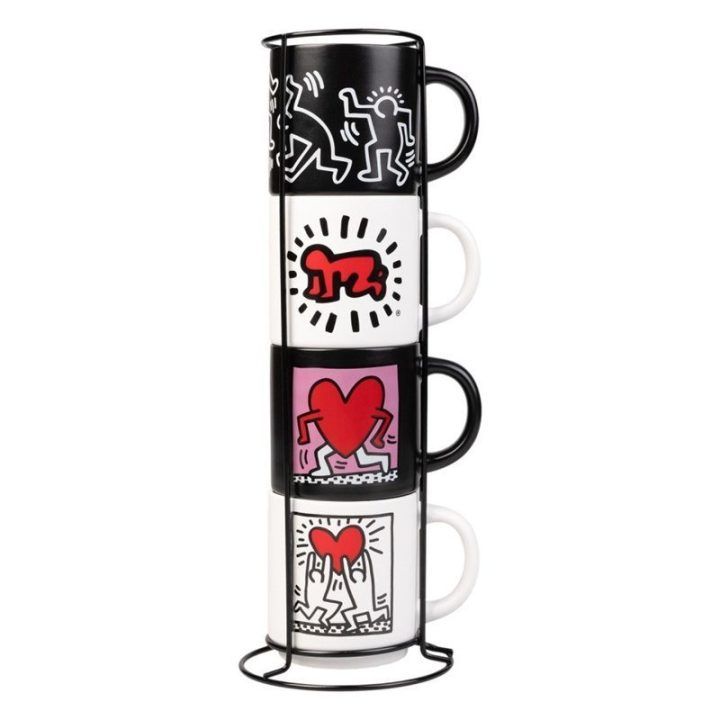 Keith Haring keraminių puodelių rinkinys su laikikliu, 300 ml