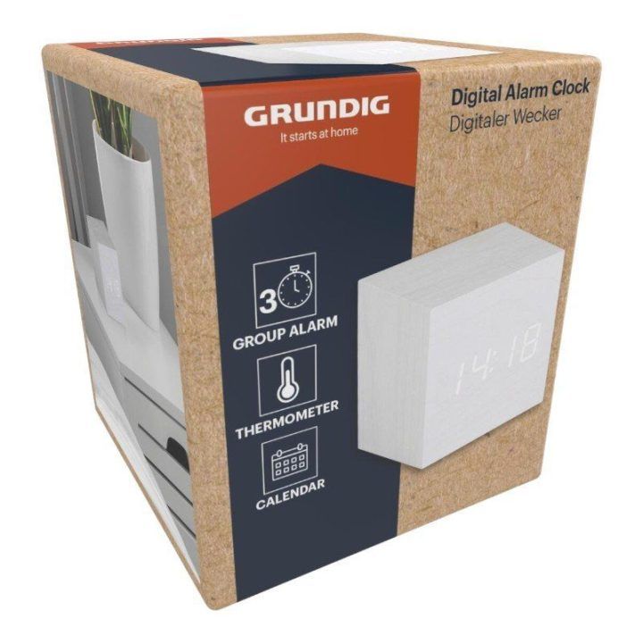 Skaitmeninis LED žadintuvas Grundig su termometru ir kalendoriumi, baltas