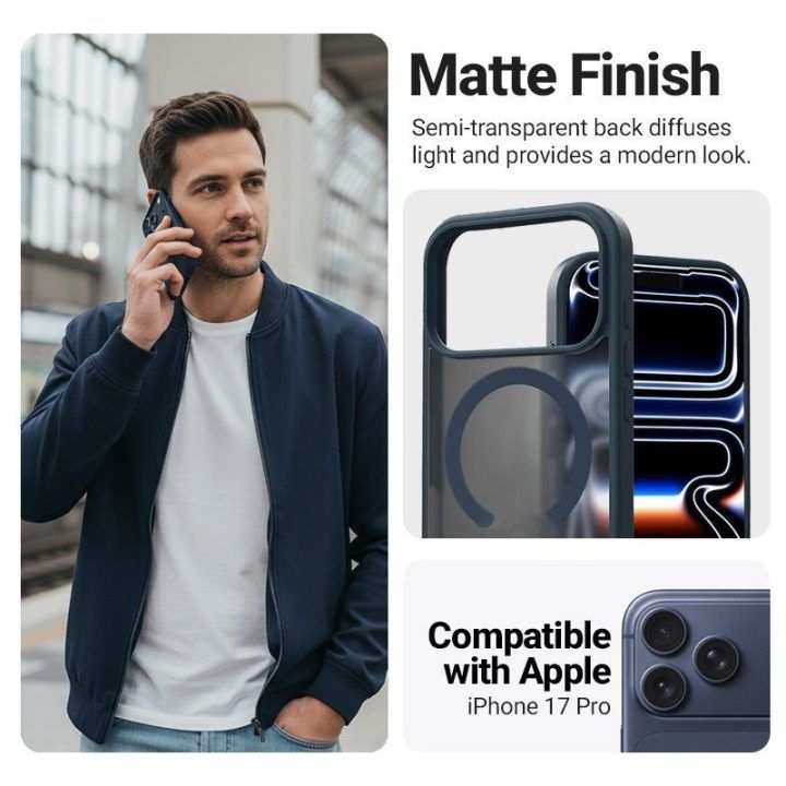 Dėklas iPhone 17 Pro Crong Hybrid Matte Magnetic, tamsiai mėlynas