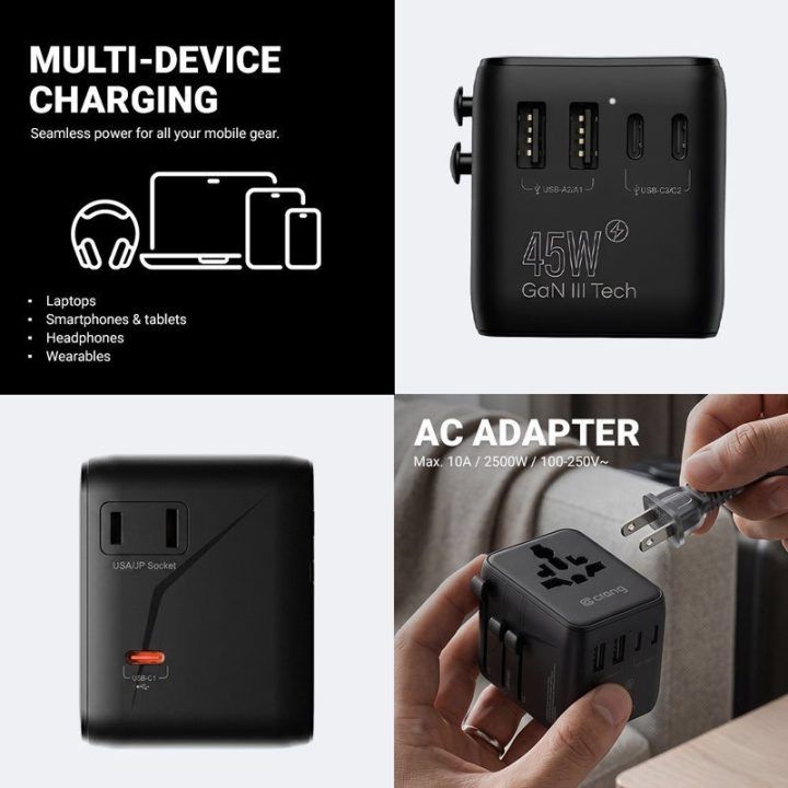 Kelioninis adapteris Crong One World 45 W, juodas