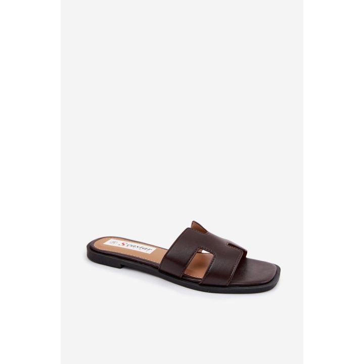 Moteriškos šlepetės su plačiais dirželiais, tamsiai rudos