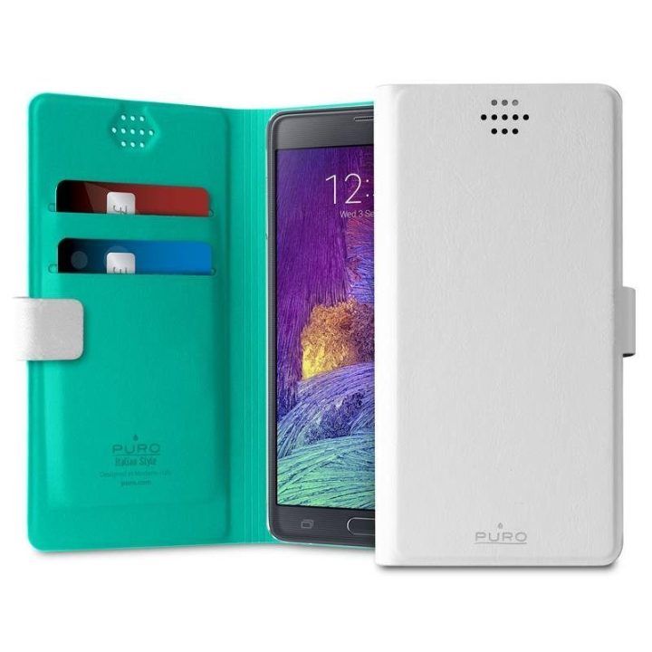 PURO Uniwallet Bi-Color universalus 360° pasukamas dėklas su kortelių lizdais, XXL dydis, baltas