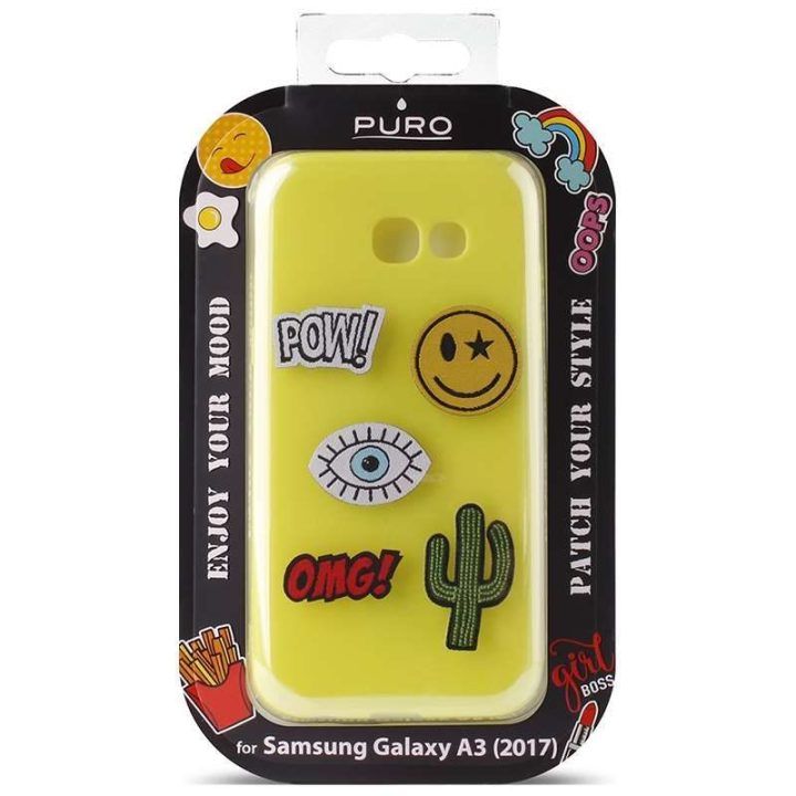 Dėklas Samsung Galaxy A3 (2017) telefonui su 5 lipdukais, geltonas