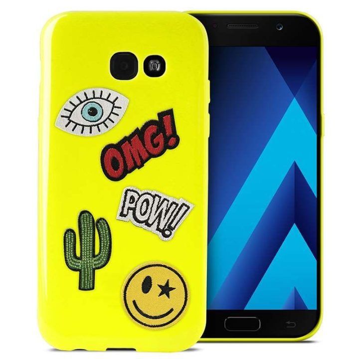 Dėklas Samsung Galaxy A3 (2017) telefonui su 5 lipdukais, geltonas