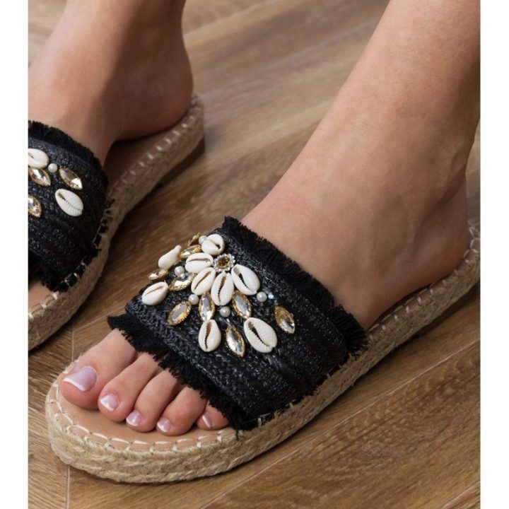 Juodos moteriškos espadrilės šlepetės su kriauklelėmis Morsa