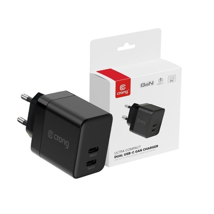 Įkroviklis Crong GaN 35 W, 2× USB-C, juodas