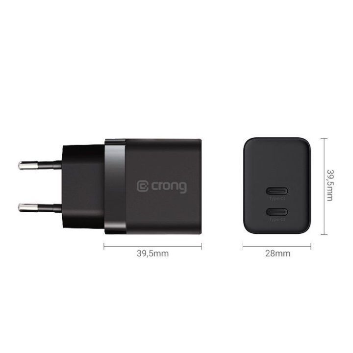 Įkroviklis Crong GaN 35 W, 2× USB-C, juodas