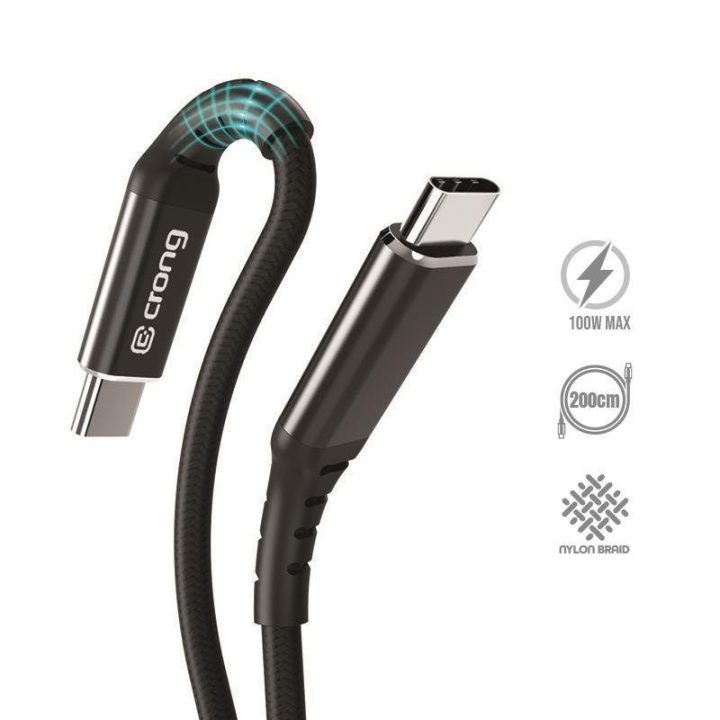 USB-C laidas Crong Armor Link 100W, 200 cm, juodas