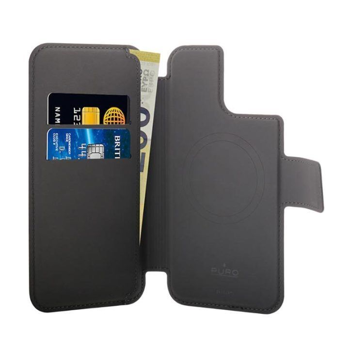 PURO Folio MagSafe dėklas iPhone 15 Plus/14 Plus/12 Pro Max, juodas