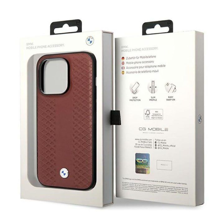 Dėklas iPhone 14 Pro BMW Leather Diamond, burgundinis