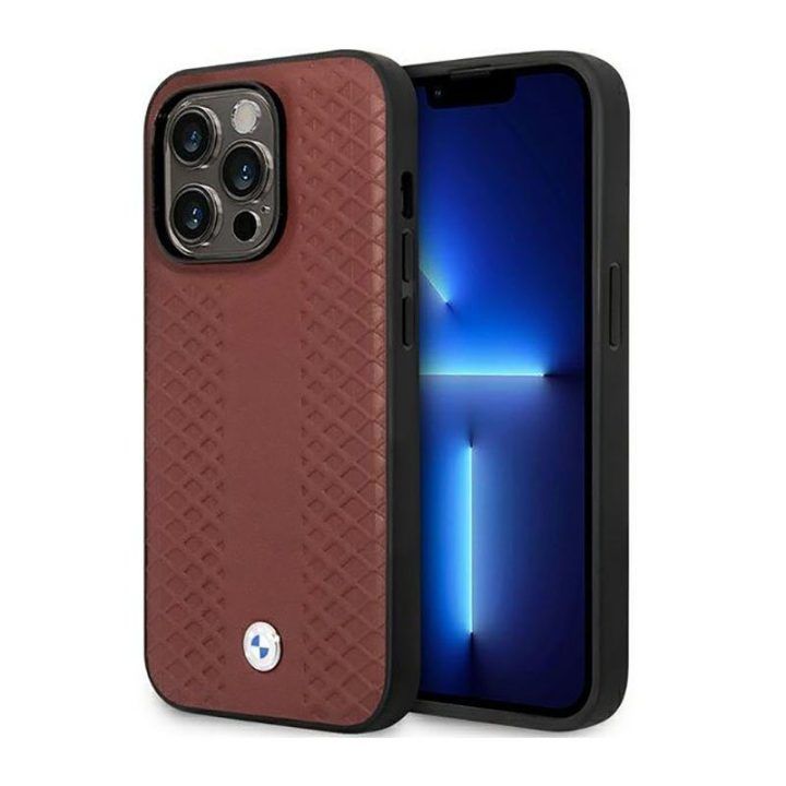 Dėklas iPhone 14 Pro BMW Leather Diamond, burgundinis