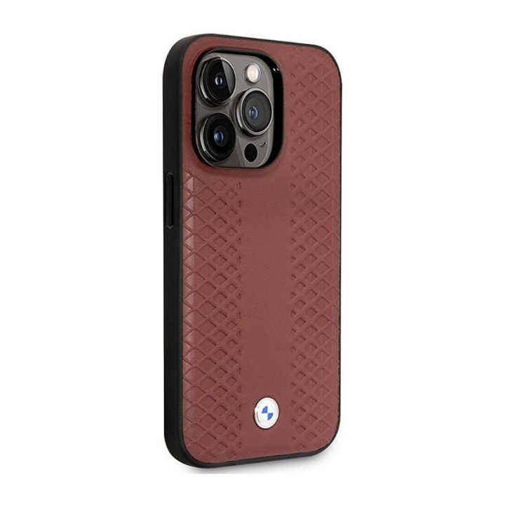 Dėklas iPhone 14 Pro BMW Leather Diamond, burgundinis