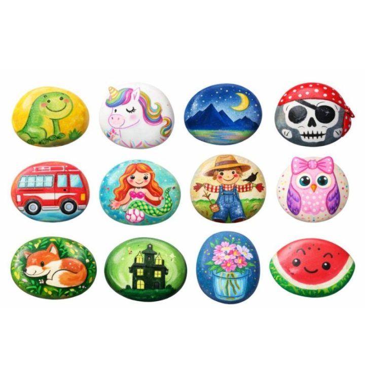 Kūrybinis akmenukų dažymo rinkinys su flomasteriais, blizgiais klijais ir molbertu
