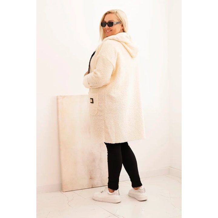 Moteriškas Plus Size paltas iš dirbtinio kailio su gobtuvu ir kišenėmis, ekru spalvos