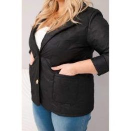 Moteriška Plus Size juoda pikota striukė su gėlių raštu, apykakle ir kišenėmis
