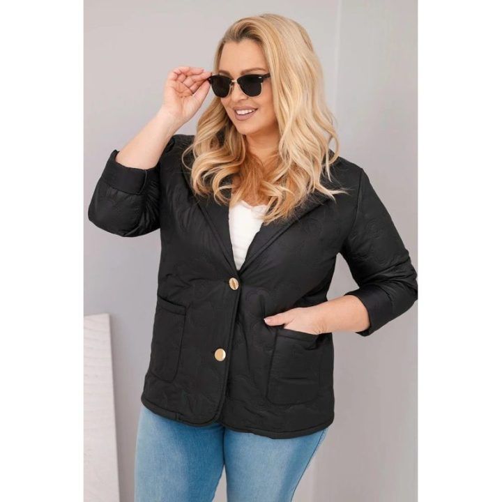 Moteriška Plus Size juoda pikota striukė su gėlių raštu, apykakle ir kišenėmis
