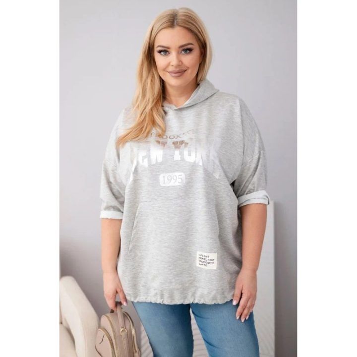 Moteriškas Plus Size džemperis su gobtuvu ir kišene, pilkai melanžinis