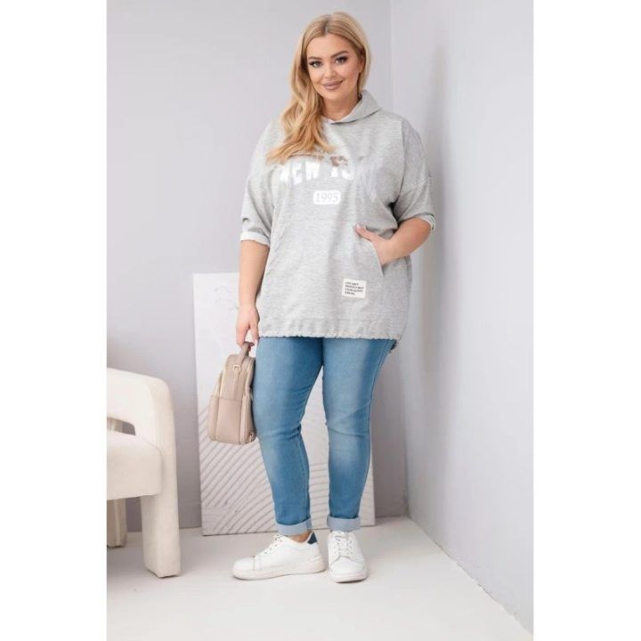 Moteriškas Plus Size džemperis su gobtuvu ir kišene, pilkai melanžinis