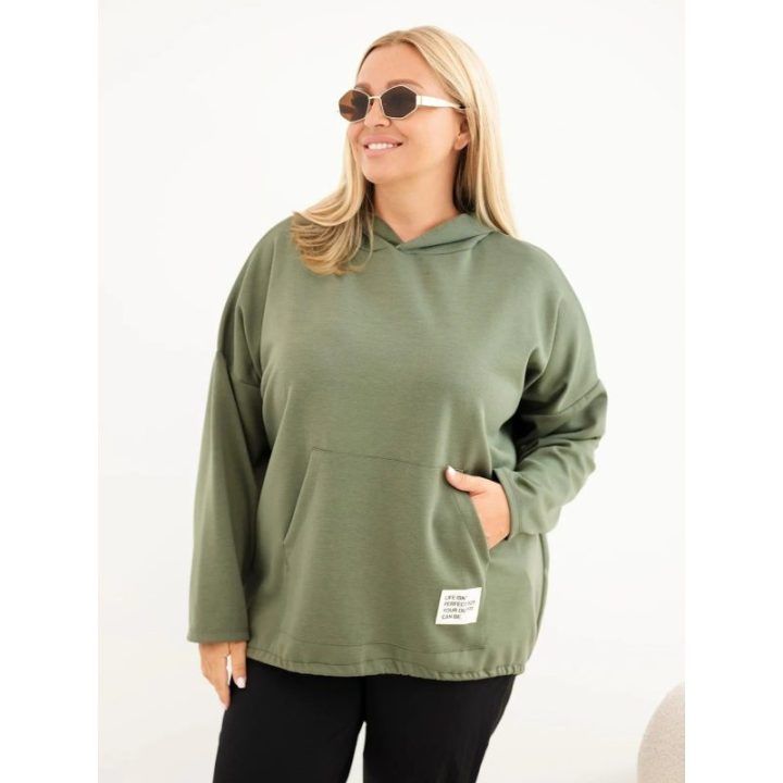 Moteriška Plus Size viskozinė džemperis su gobtuvu ir kišene, chaki spalvos