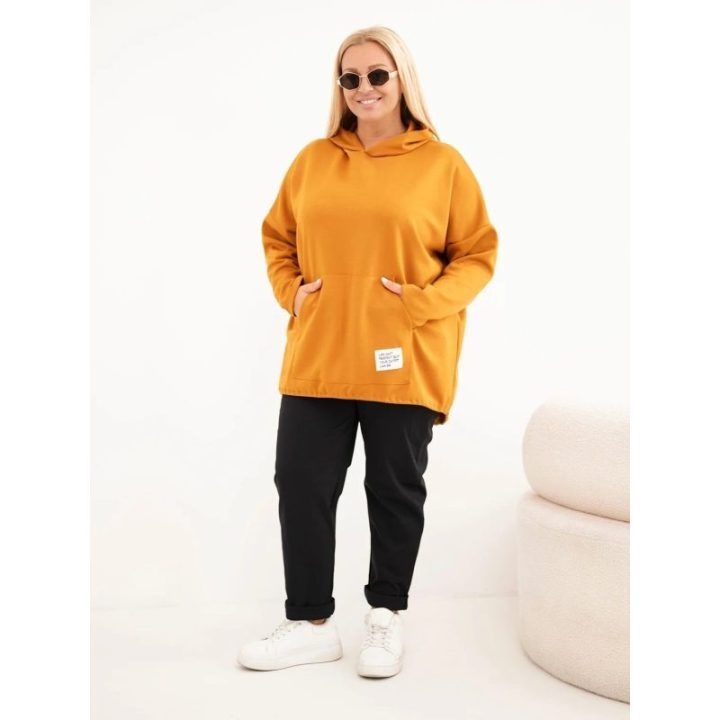Plus Size moteriškas džemperis su gobtuvu, garstyčių spalvos
