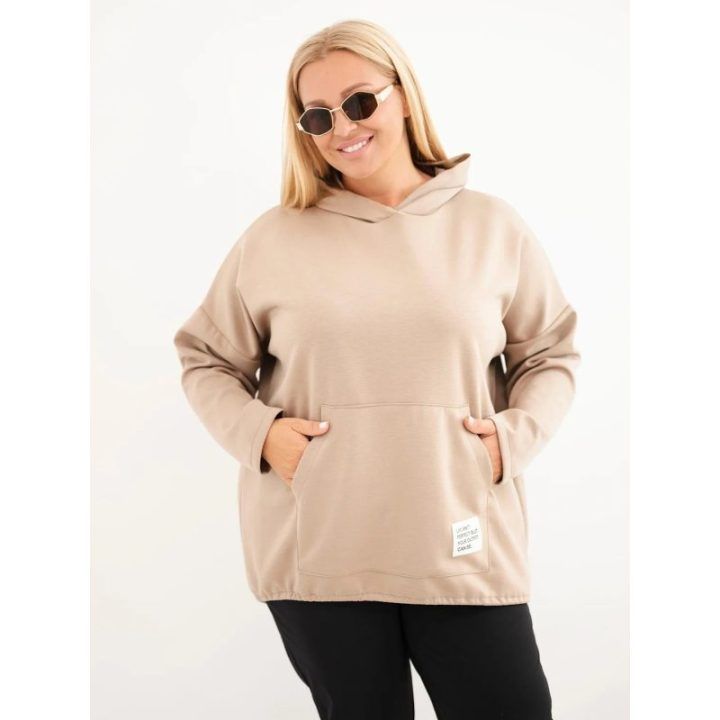 Moteriškas Plus Size džemperis su gobtuvu ir kengūros kišene, smėlio spalvos