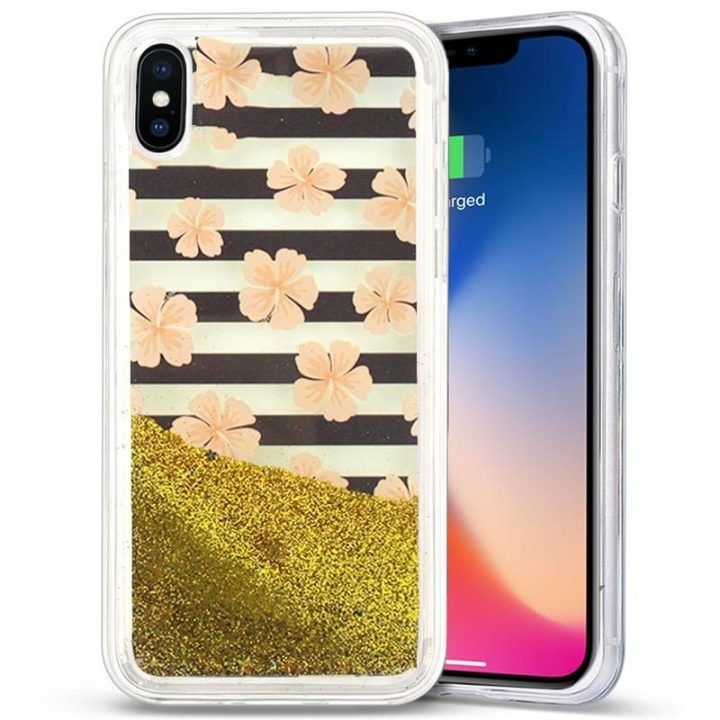 Dėklas iPhone X, rožinių gėlių Zizo Liquid Glitter Star