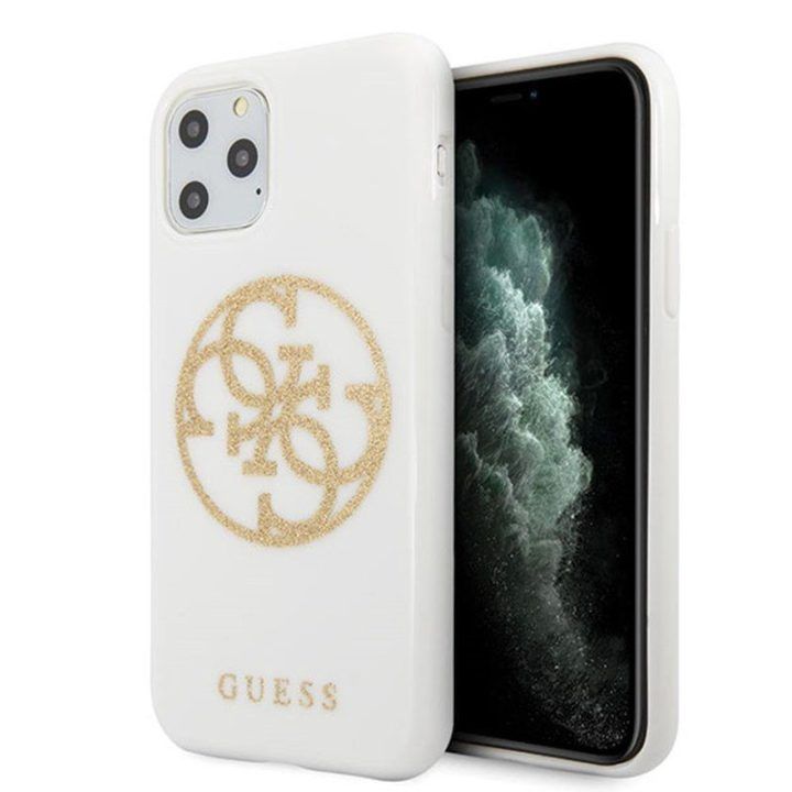 Guess Circle Glitter 4G dėklas iPhone 11 Pro Max, baltas