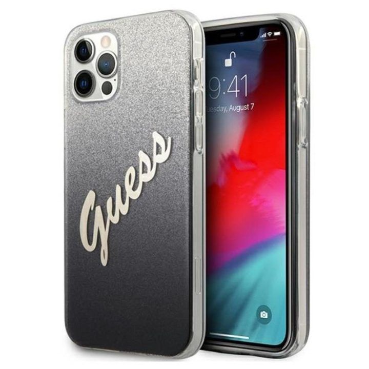 Dėklas Guess Glitter Gradient Script iPhone 12 Pro Max, juodas