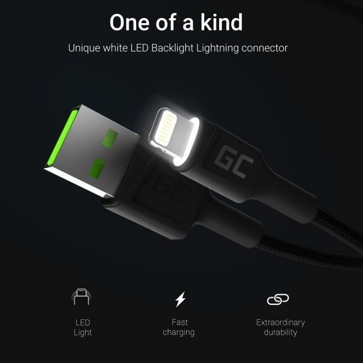 Laidas USB-A – Lightning Green Cell Ray, 200 cm, baltas