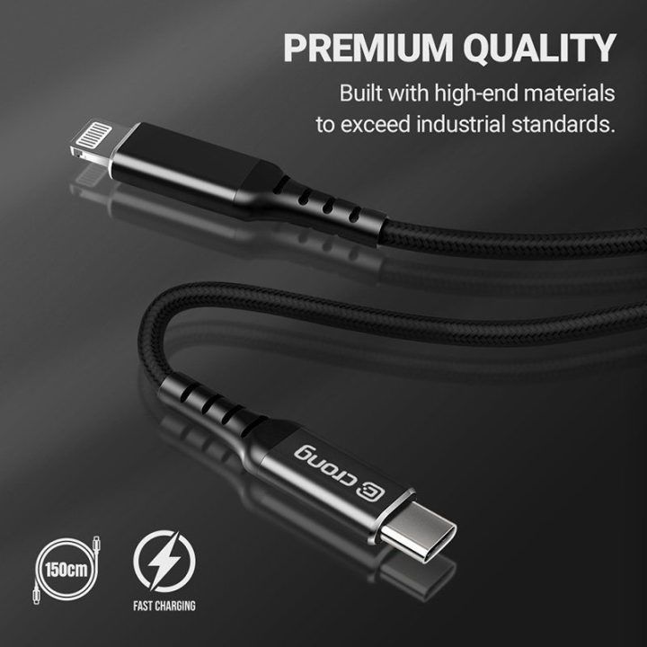 USB-C–Lightning laidas Crong Armor Link, 150 cm, juodas