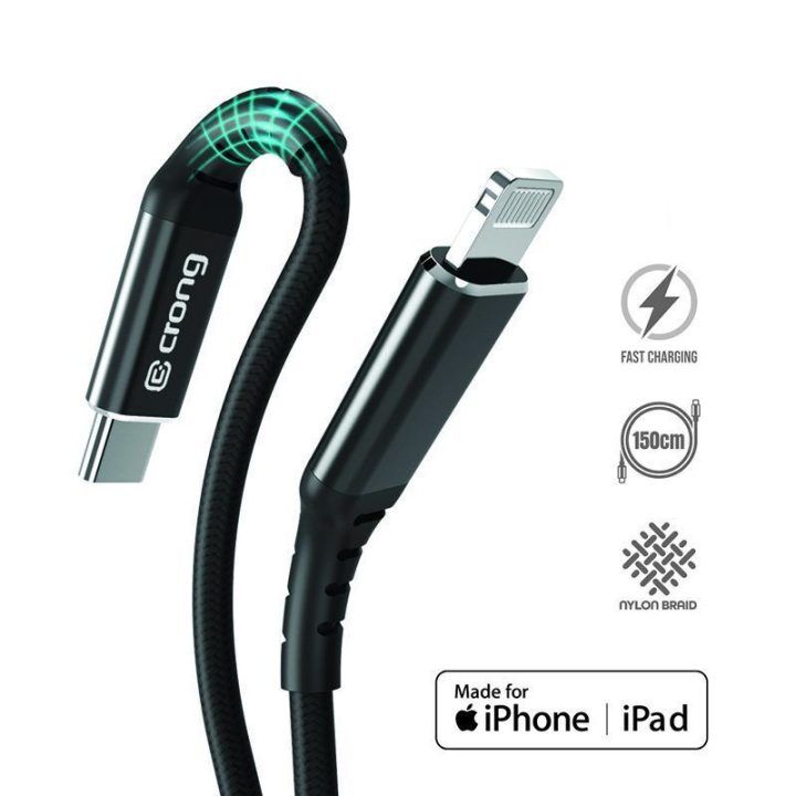 USB-C–Lightning laidas Crong Armor Link, 150 cm, juodas