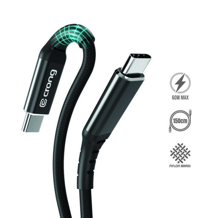 USB-C laidas Crong Armor Link 60W, 150 cm, juodas