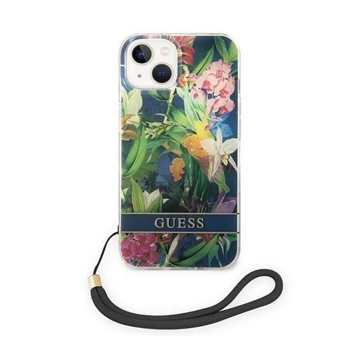Guess Flower Cord dėklas iPhone 14, mėlynas