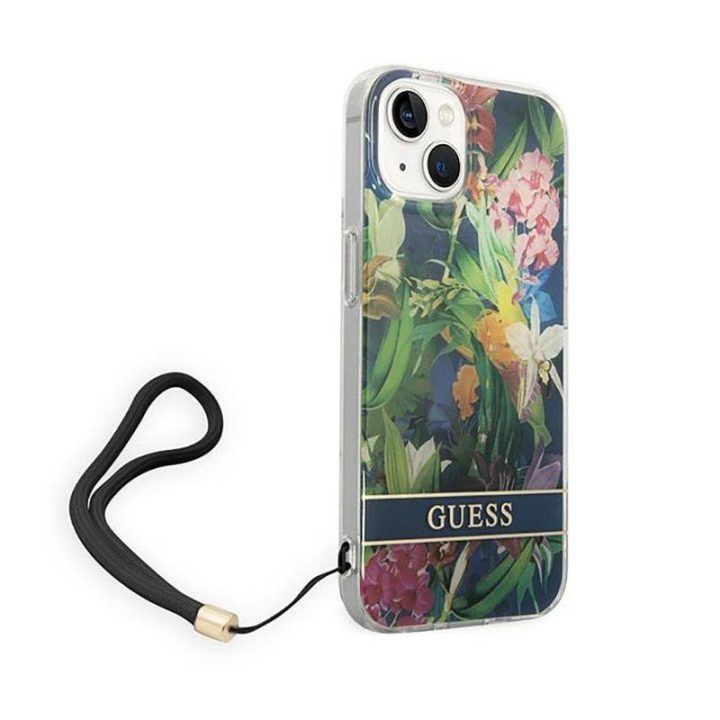 Guess Flower Cord dėklas iPhone 14, mėlynas