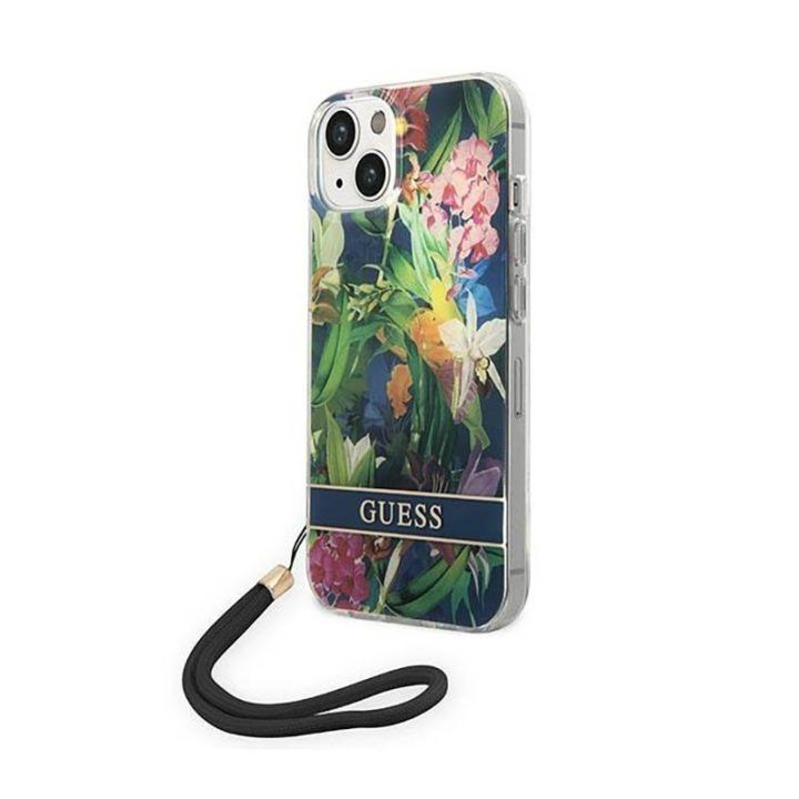 Guess Flower Cord dėklas iPhone 14, mėlynas