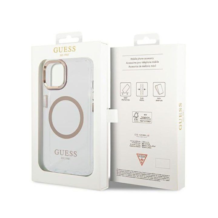 Dėklas iPhone 14 Plus Guess Metal Outline, permatomas