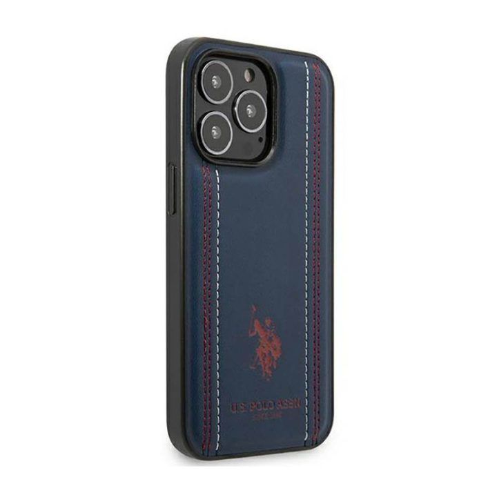 Dėklas iPhone 14 Pro Max US Polo Assn Leather Stitch, tamsiai mėlynas