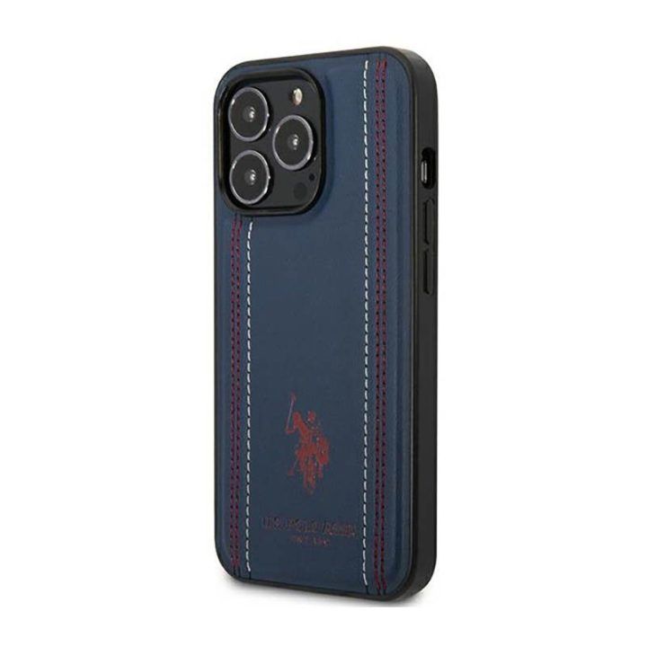 Dėklas iPhone 14 Pro Max US Polo Assn Leather Stitch, tamsiai mėlynas