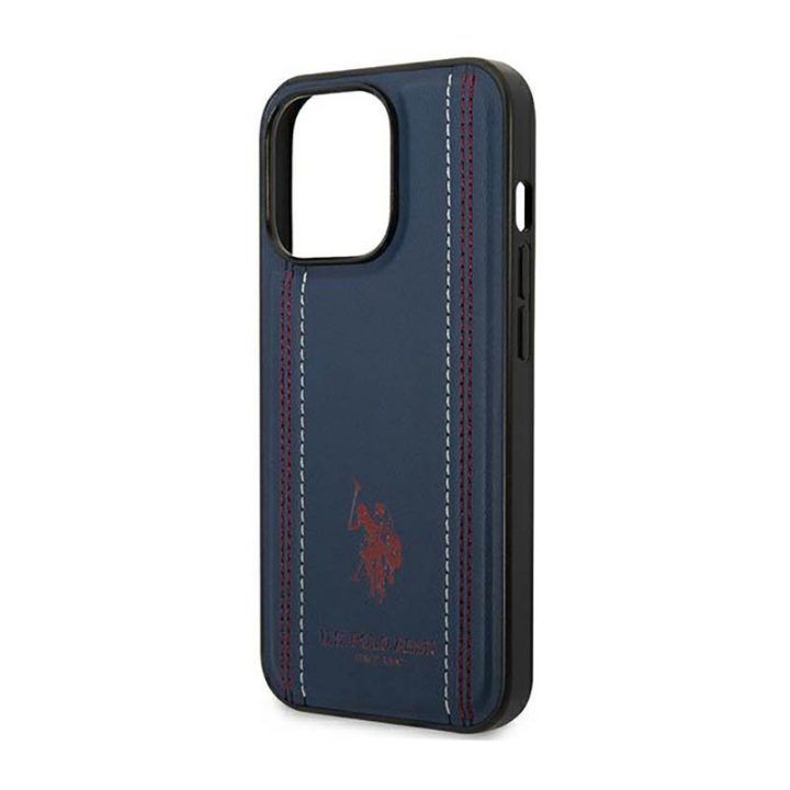 Dėklas iPhone 14 Pro Max US Polo Assn Leather Stitch, tamsiai mėlynas